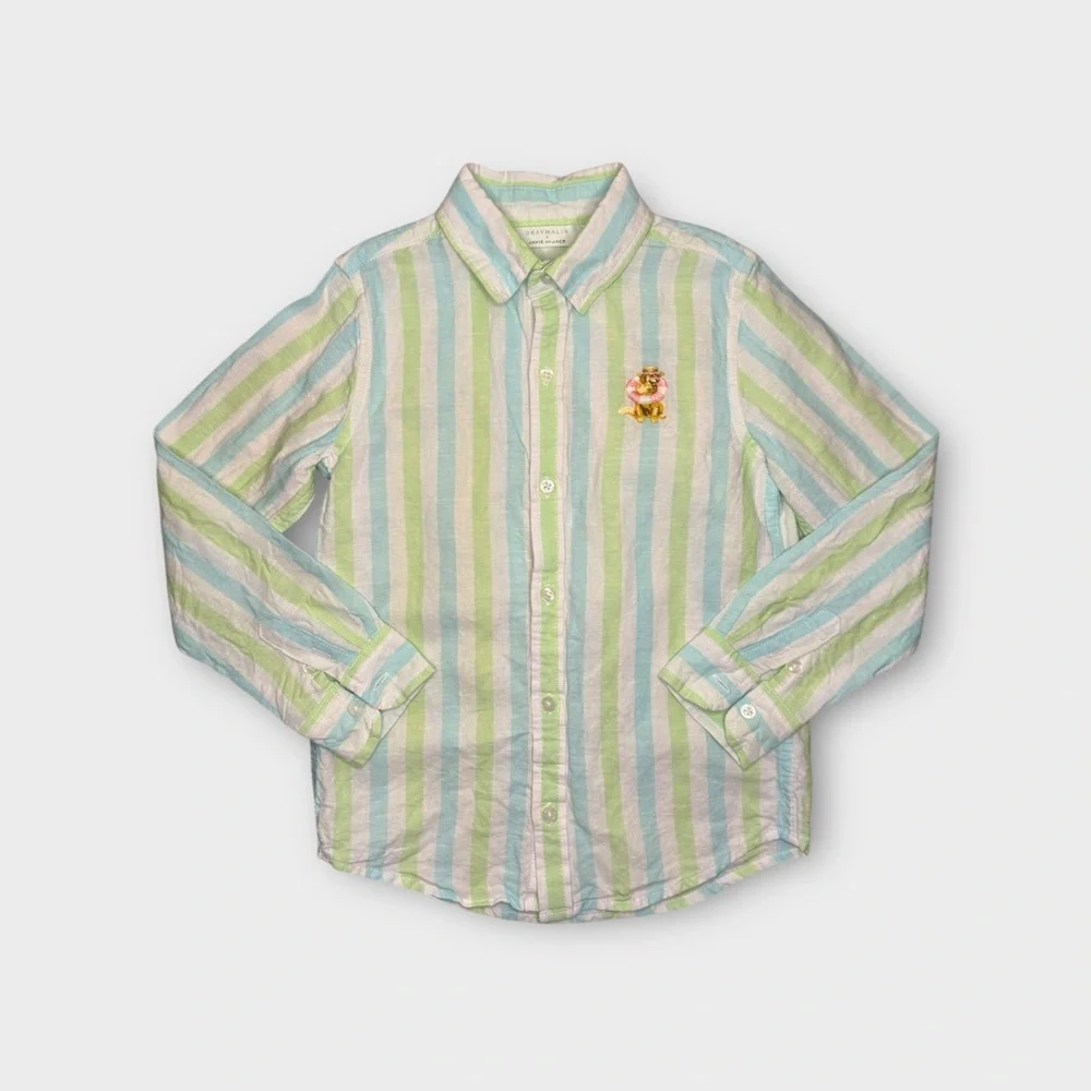 Gray Malin x Janie and Jack Green & Blue Button Up Linen Long Sleeve Shirt